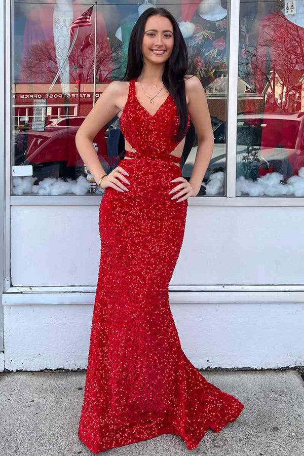 Luolandi Red Mermaid V Neck Sequins Backless Long Prom Dress Sparkly Evening Dress