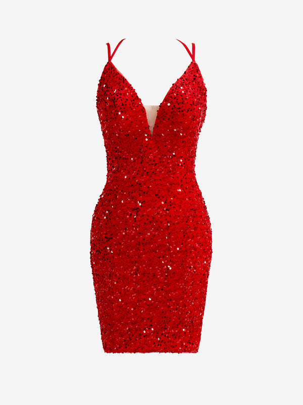 Luolandi Red Sheath Homecoming Dress with Slit Sparkly Short Party Dress