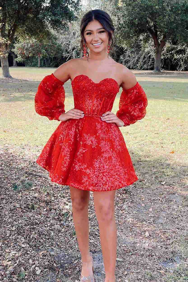 Luolandi A Line Sweetheart Strapless Homecoming Dress with Sleeves Off Shoulder Graduation Dress Beautiful Party Dress