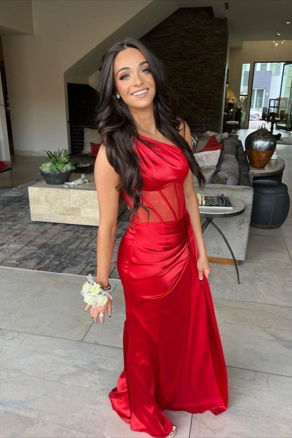 Luolandi Sheath One Shoulder Pleated Satin Long Prom Dress Evening Dress With Slit