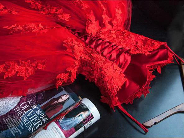 Luolandi Red Sweetheart Tulle with Applique Party Dress Tulle Formal Gowns Floor Length Prom Dress