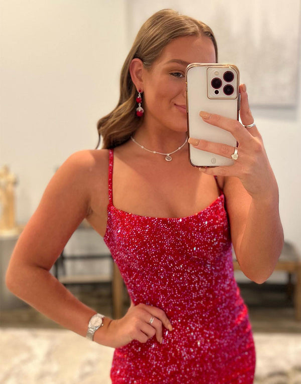 Luolandi Sheath Beaded Satin Homecoming Dress with Slit Sparkly Party Dress