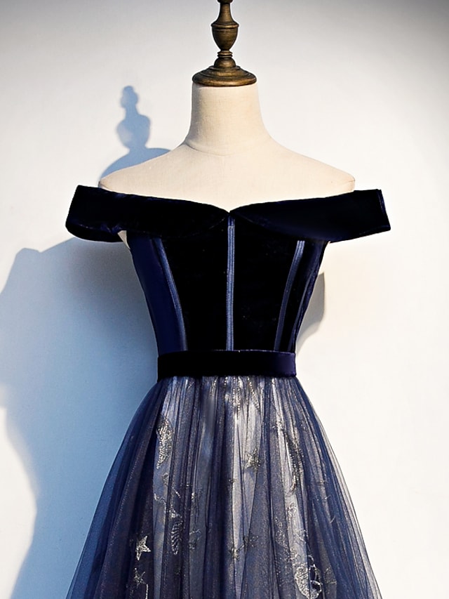 Luolandi A-Line Elegant Floral Prom Formal Evening Dress Off Shoulder Short Sleeve Sweep / Brush Train Tulle with Pleats