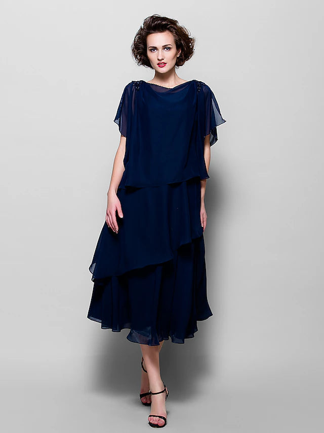 Luolandi A-Line Mother of the Bride Dress Plus Size Elegant Cowl Neck Tea Length Chiffon Short Sleeve with Ruffles Crystal