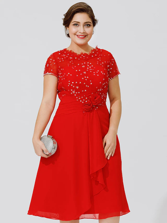 Luolandi A-Line Mother of the Bride Dress Elegant & Luxurious Beautiful Back Plus Size Jewel Neck Knee Length Chiffon Beaded Lace Short Sleeve No with Pleats Beading
