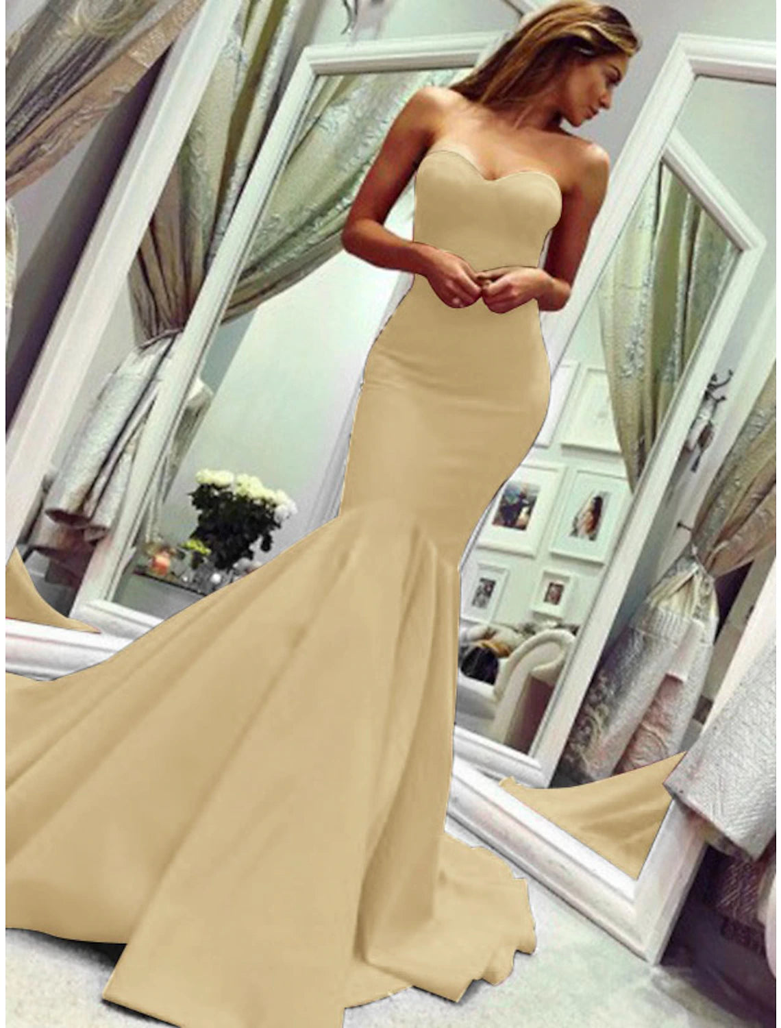 Luolandi Mermaid Party Dress Minimalist Sexy Wedding Guest Formal Evening Valentine‘s Day Dress Strapless Sleeveless Court Train Fabric