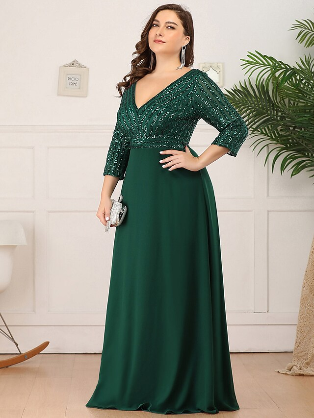 Luolandi Mother of the Bride Dress Plus Size Elegant V Neck Floor Length Polyester 3/4 Length Sleeve with Sequin Dark Green