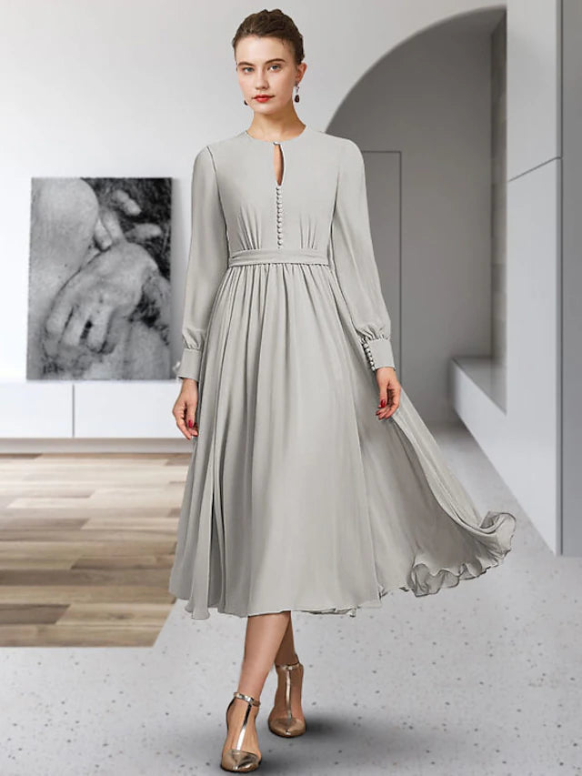 Luolandi A-Line Mother of the Bride Dress Elegant Jewel Neck Tea Length Chiffon Long Sleeve with Bow(s)