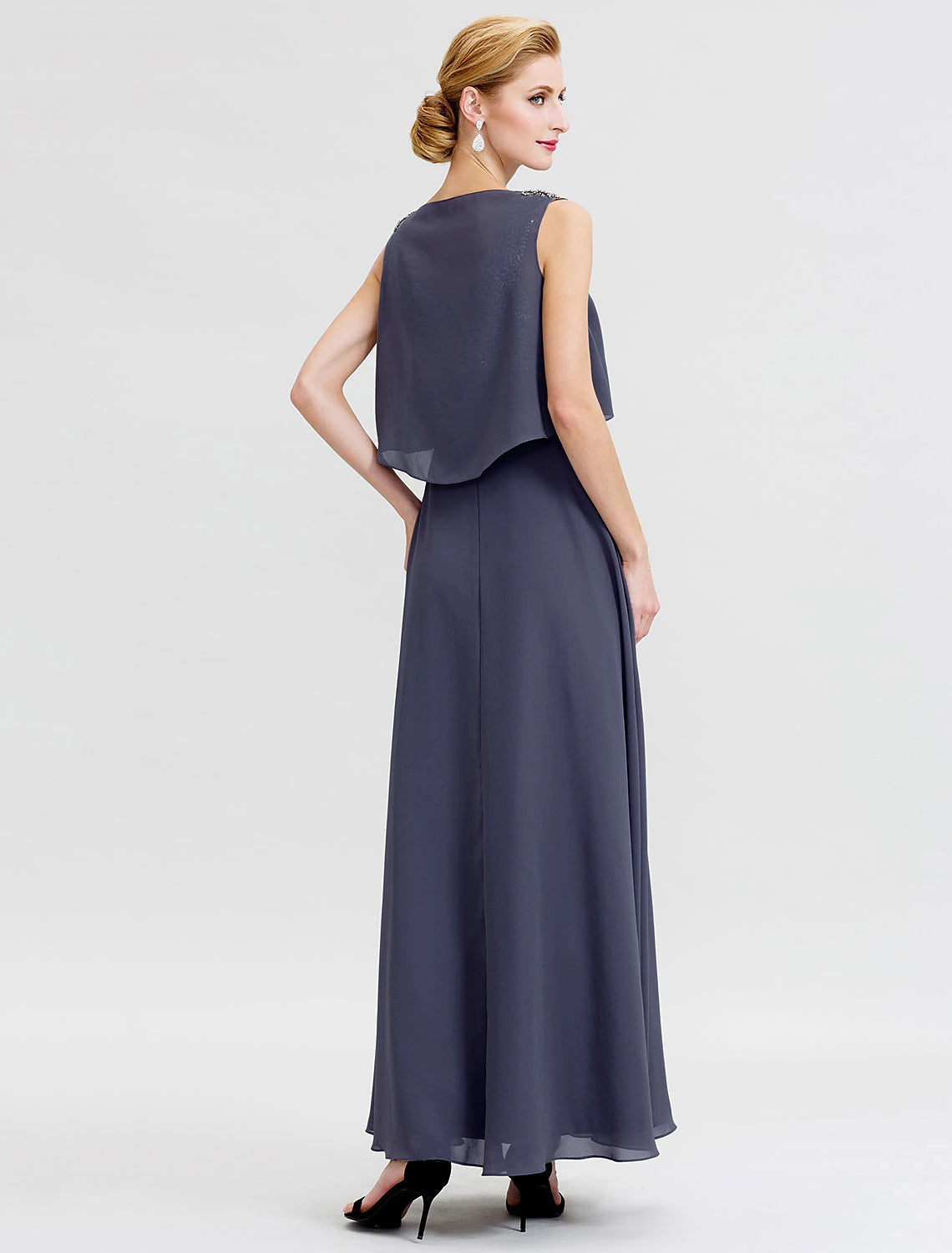 Luolandi A-Line Mother of the Bride Dress Formal Open Back Two Piece Jewel Neck Ankle Length Chiffon Sequined Sleeveless with Sashes / Ribbons