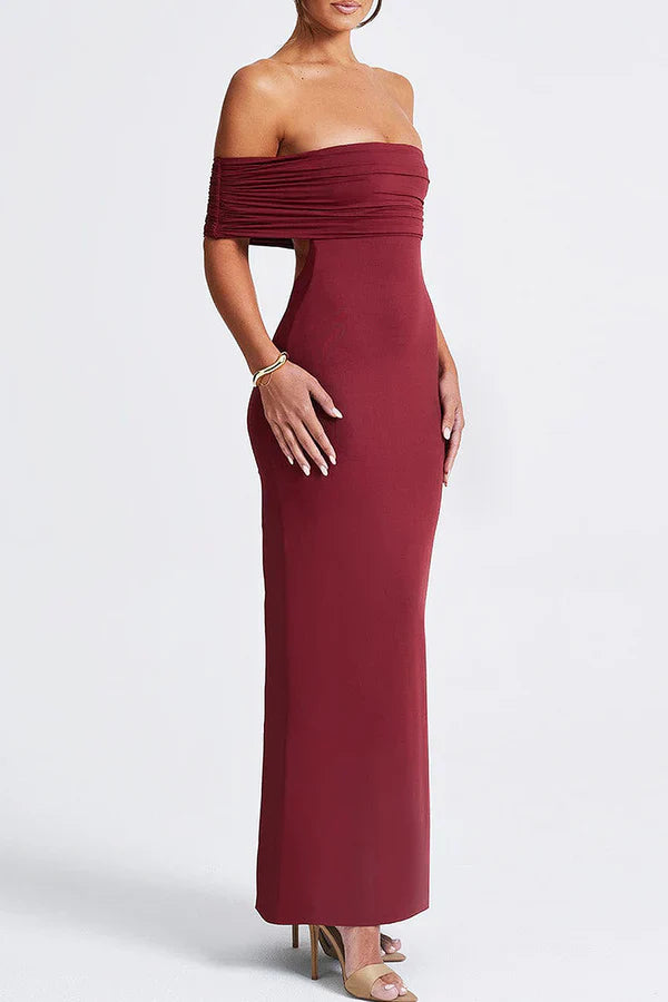 Luolandi Solid color hollow patchwork backless pleated shoulder long evening dress Sexy Party Dress