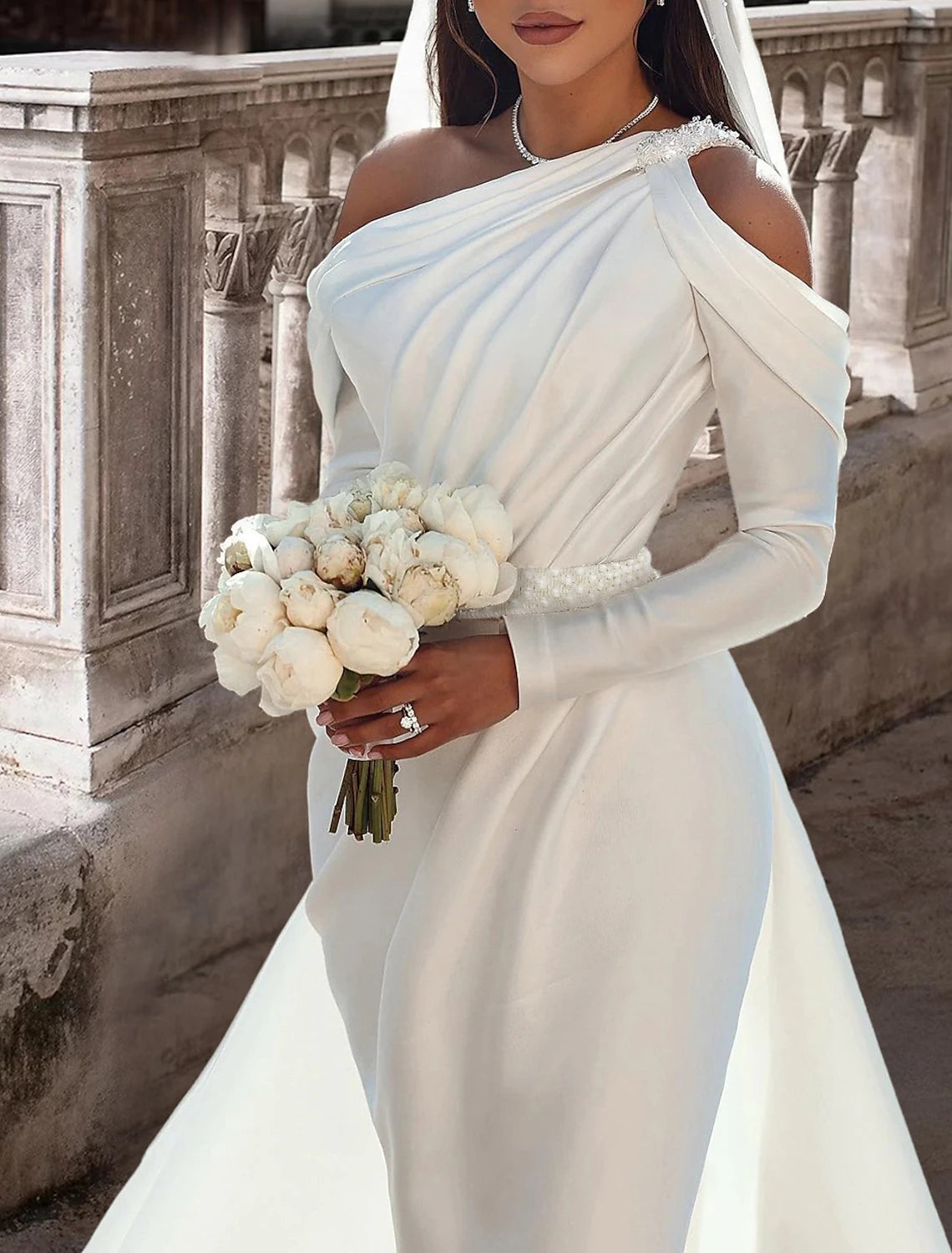 Luolandi One Shoulder Long Sleeve Floor Length Satin Bridal Gowns With Sash Wedding Dresses / Ribbon Beading Pure Color