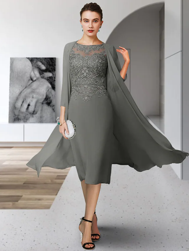 Luolandi Mother of the Bride Dress Elegant Jewel Neck Tea Length Chiffon Lace Sleeveless with Appliques Charcoat Gray