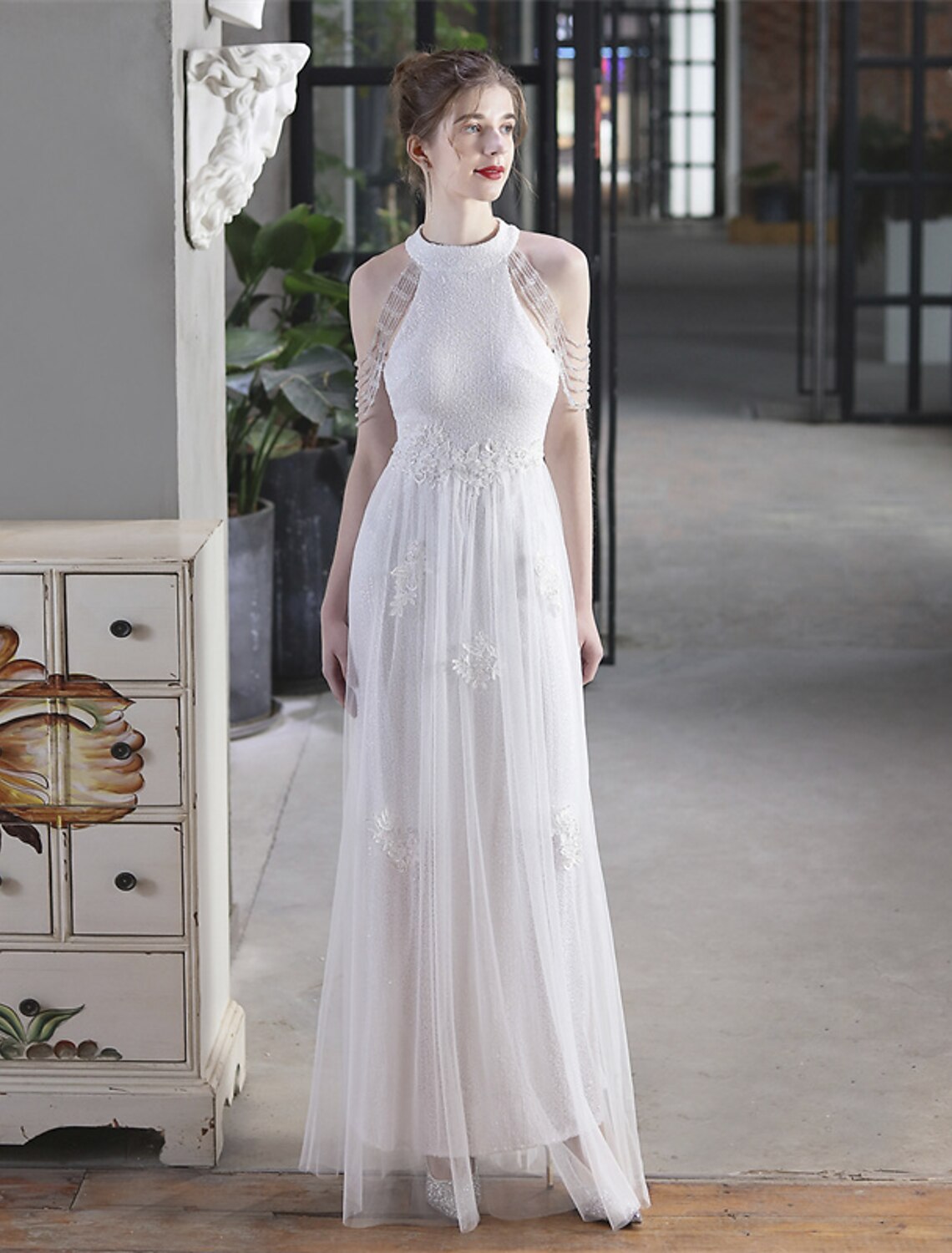 Luolandi A-Line Prom Dresses Sparkle & Shine Dress Party Wear Floor Length Short Sleeve High Neck Polyester with Sequin