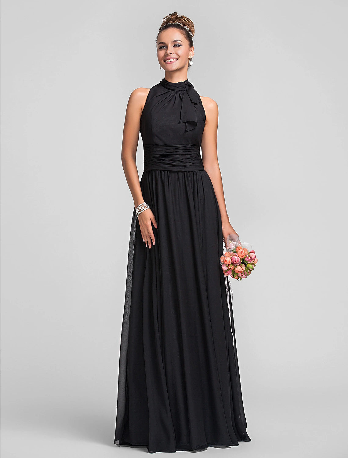 Luolandi Sheath / Column Bridesmaid Dress High Neck Sleeveless Vintage Inspired Floor Length Chiffon with Ruched Ruffles