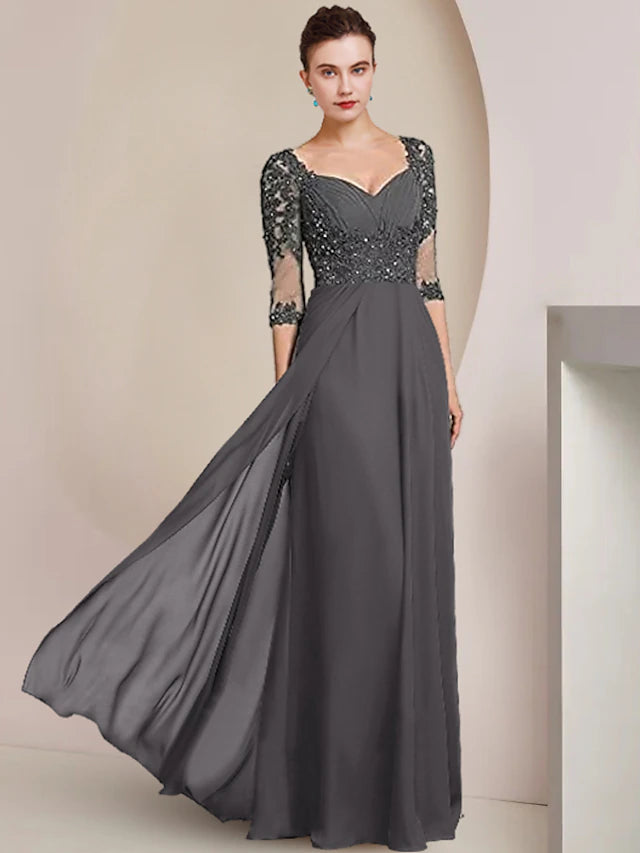 Luolandi Sheath / Column Mother of the Bride Dress Formal Wedding Guest Elegant Square Neck Floor Length Chiffon Lace 3/4 Length Sleeve with Sequin Appliques