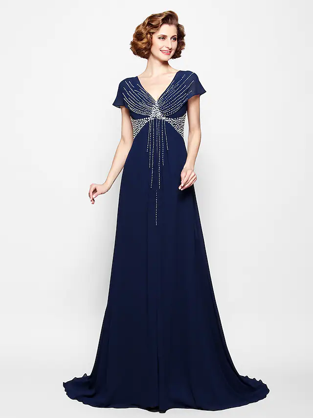 Luolandi A-Line Mother of the Bride Dress V Neck Court Train Georgette Short Sleeve with Beading Sequin Dark Navy