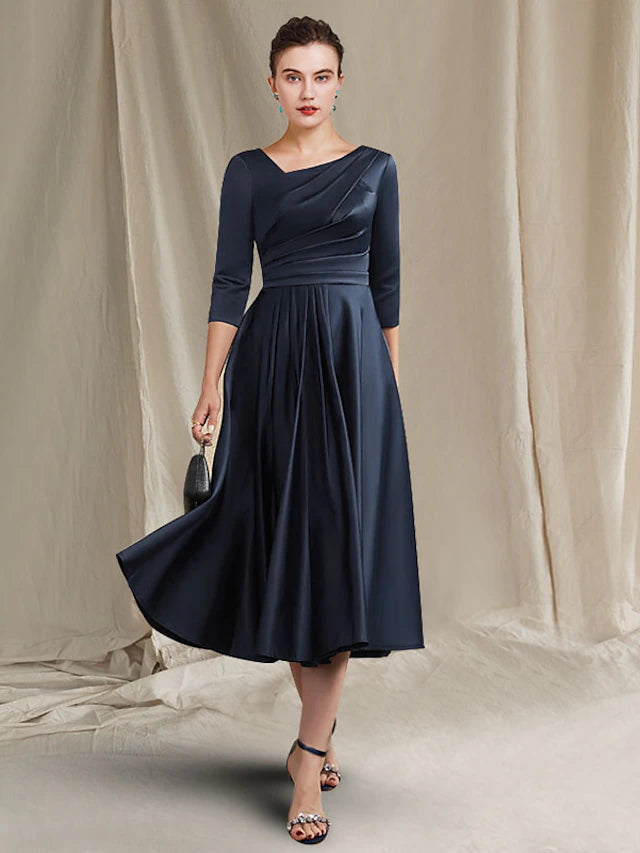 Luolandi A-Line Mother of the Bride Dress Elegant Bateau Neck V Neck Tea Length Satin Half Sleeve with Pleats