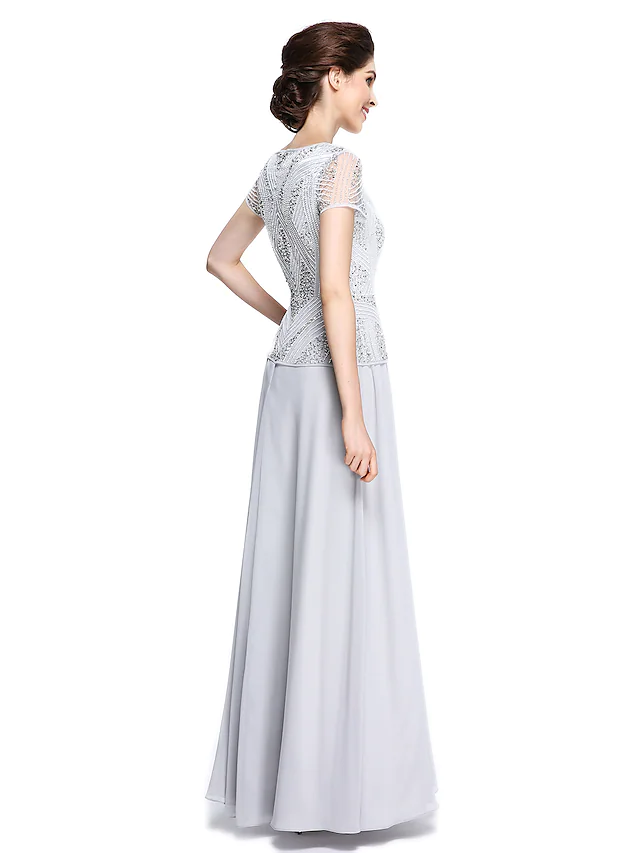 Luolandi Mother of the Bride Dress Jewel Neck Floor Length Chiffon Short Sleeve with Beading Sequin Silver