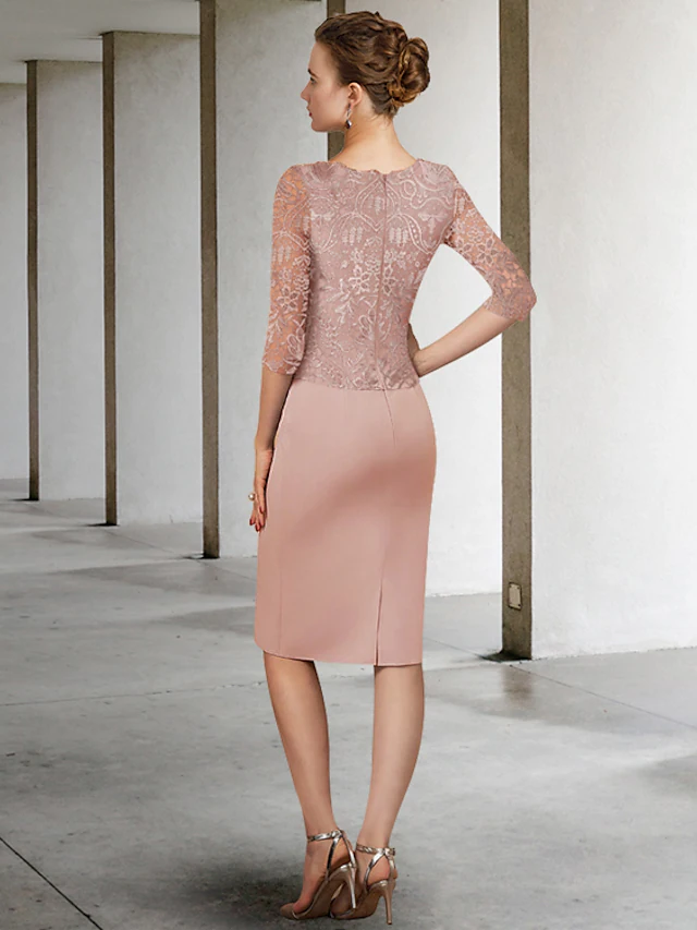 Luolandi Mother of the Bride Dress Elegant Jewel Neck Knee Length Lace Fabric Half Sleeve with Appliques Dusty Rose