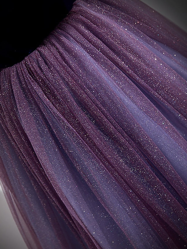 Luolandi A-Line Prom Dresses Sparkle & Shine Dress Prom Floor Length Short Sleeve Scoop Neck Tulle