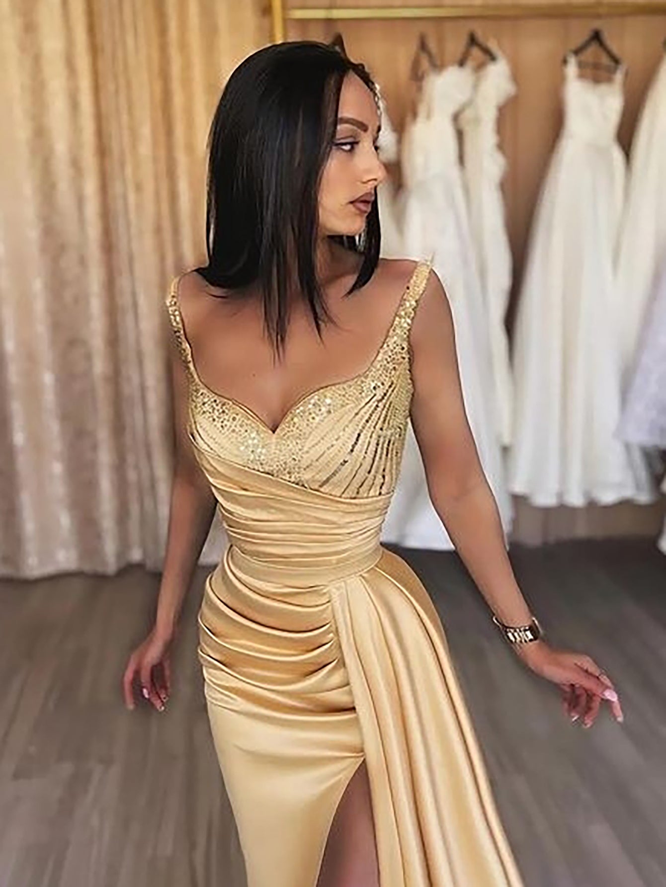 Luolandi Charming Sparkly Satin Sleeveless Long Prom Dress Sexy Evening Dresses
