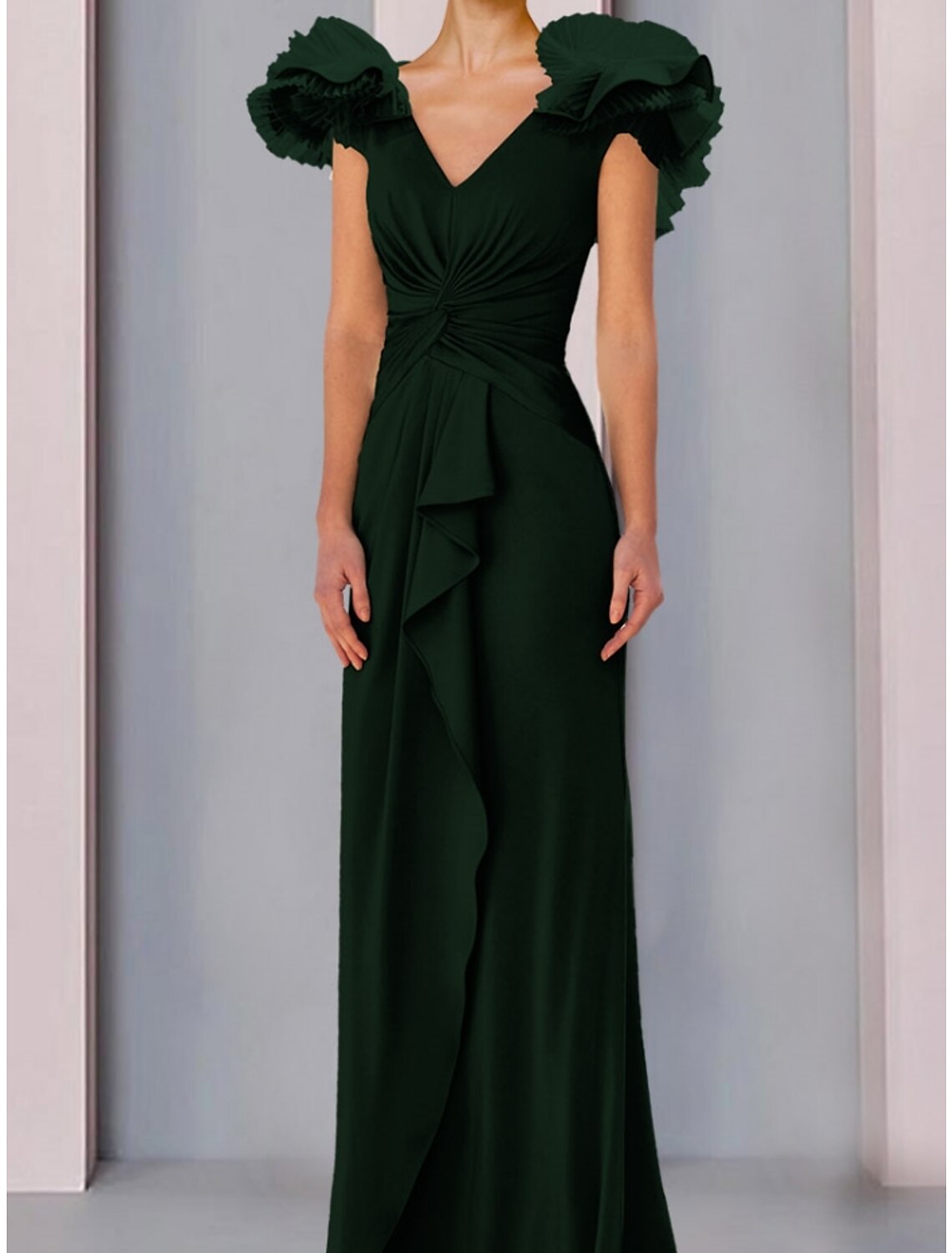 Luolandi A-Line Mother of the Bride Dress Wedding Guest Elegant V Neck Floor Length Fabric Short Sleeve with Ruffles Ruching