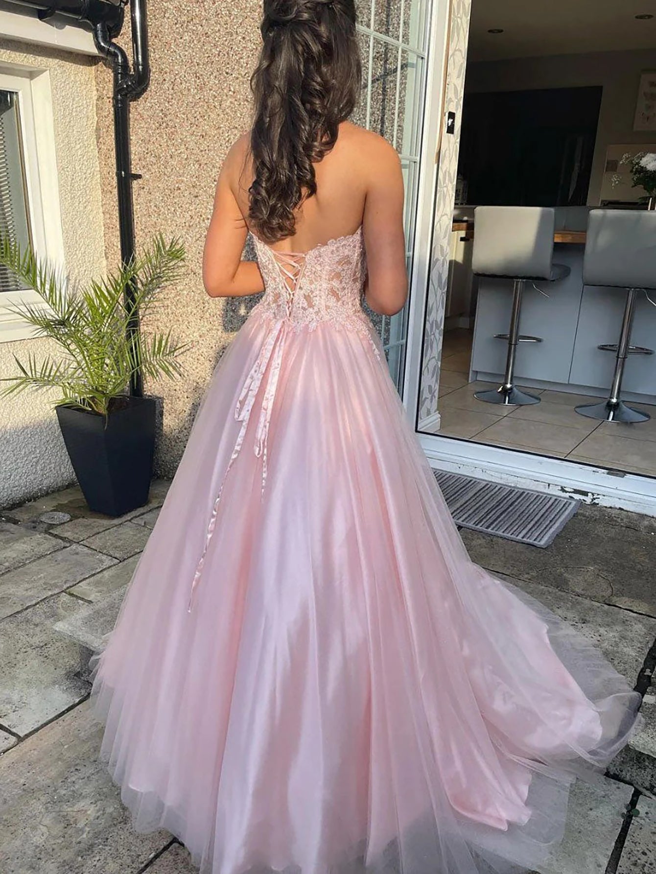Luolandi Light Pink Tulle Sweetheart Long Prom Dress With Appliques Off Shoulder