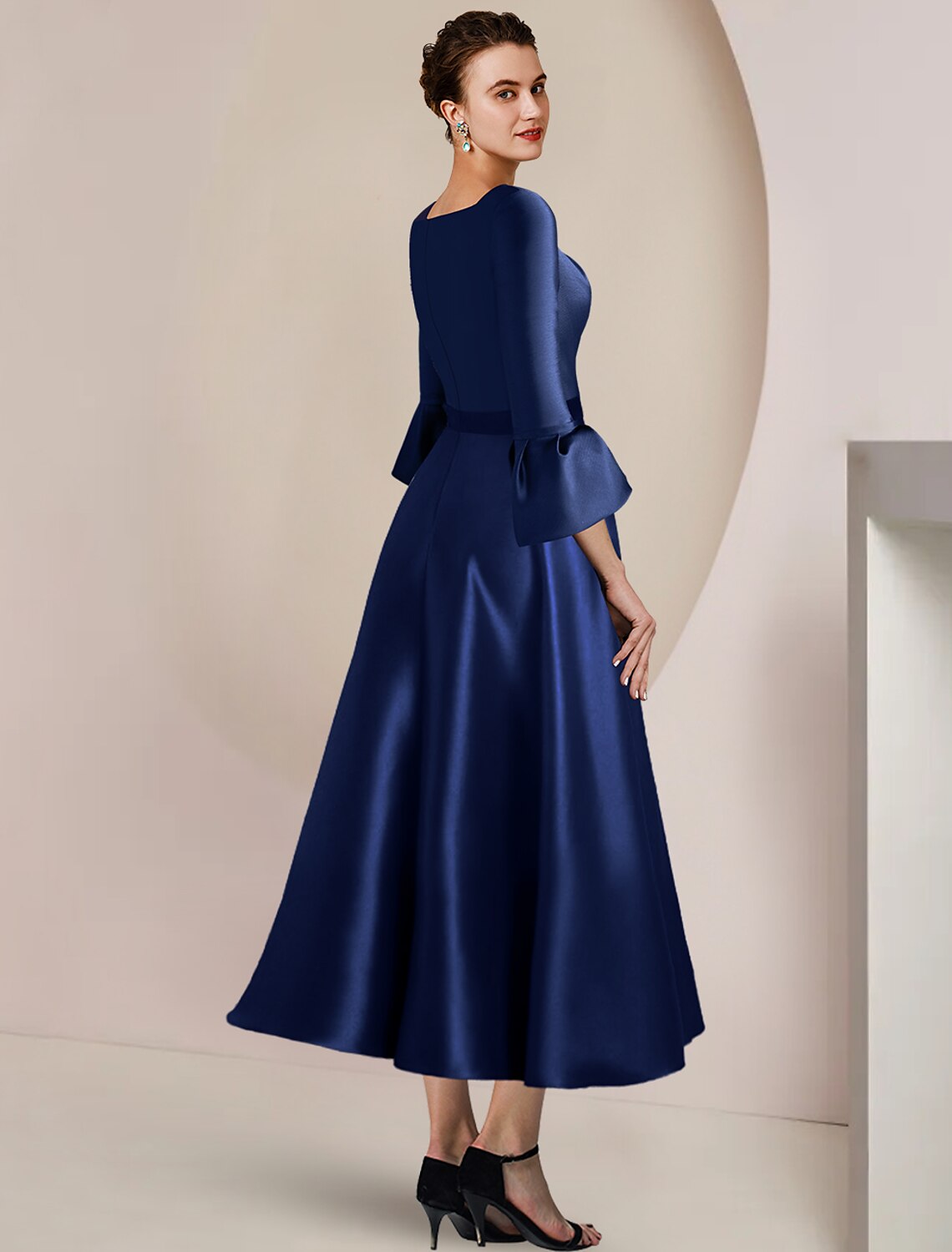 Luolandi A-Line Mother of the Bride Dress Formal Wedding Guest Party Elegant Bateau Neck Tea Length Satin 3/4 Length Sleeve with Bow(s)