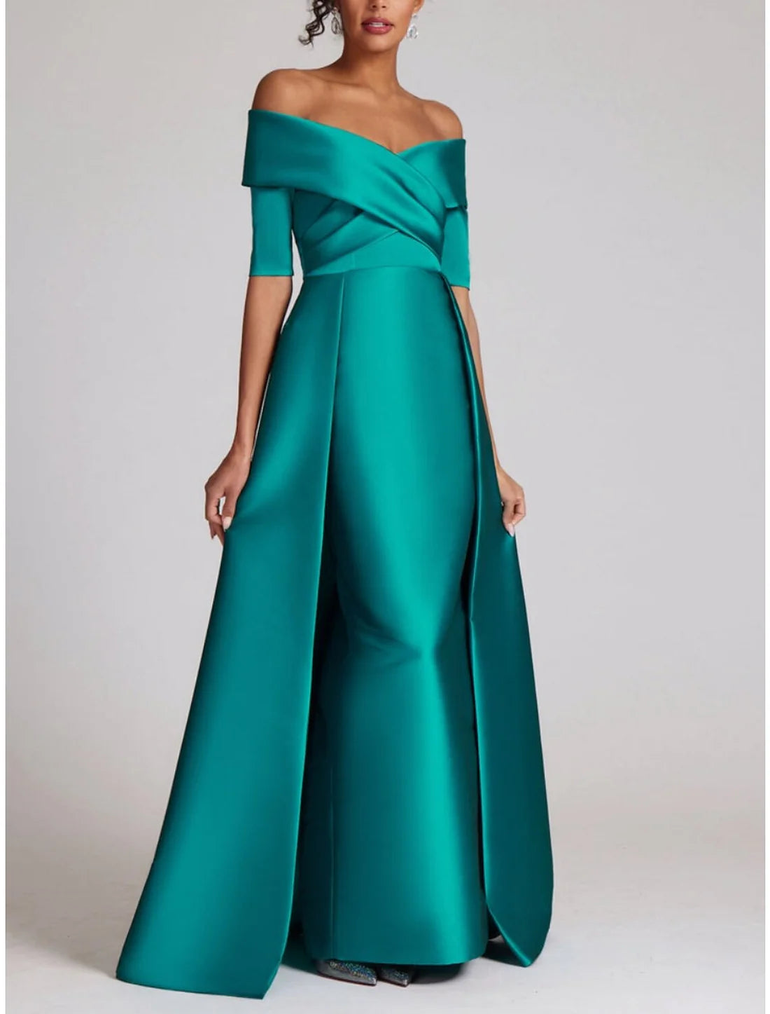 Luolandi Sheath / Column Evening Gown Elegant Dress Formal Sweep / Brush Train Half Sleeve Off Shoulder Satin with Ruched Sexy