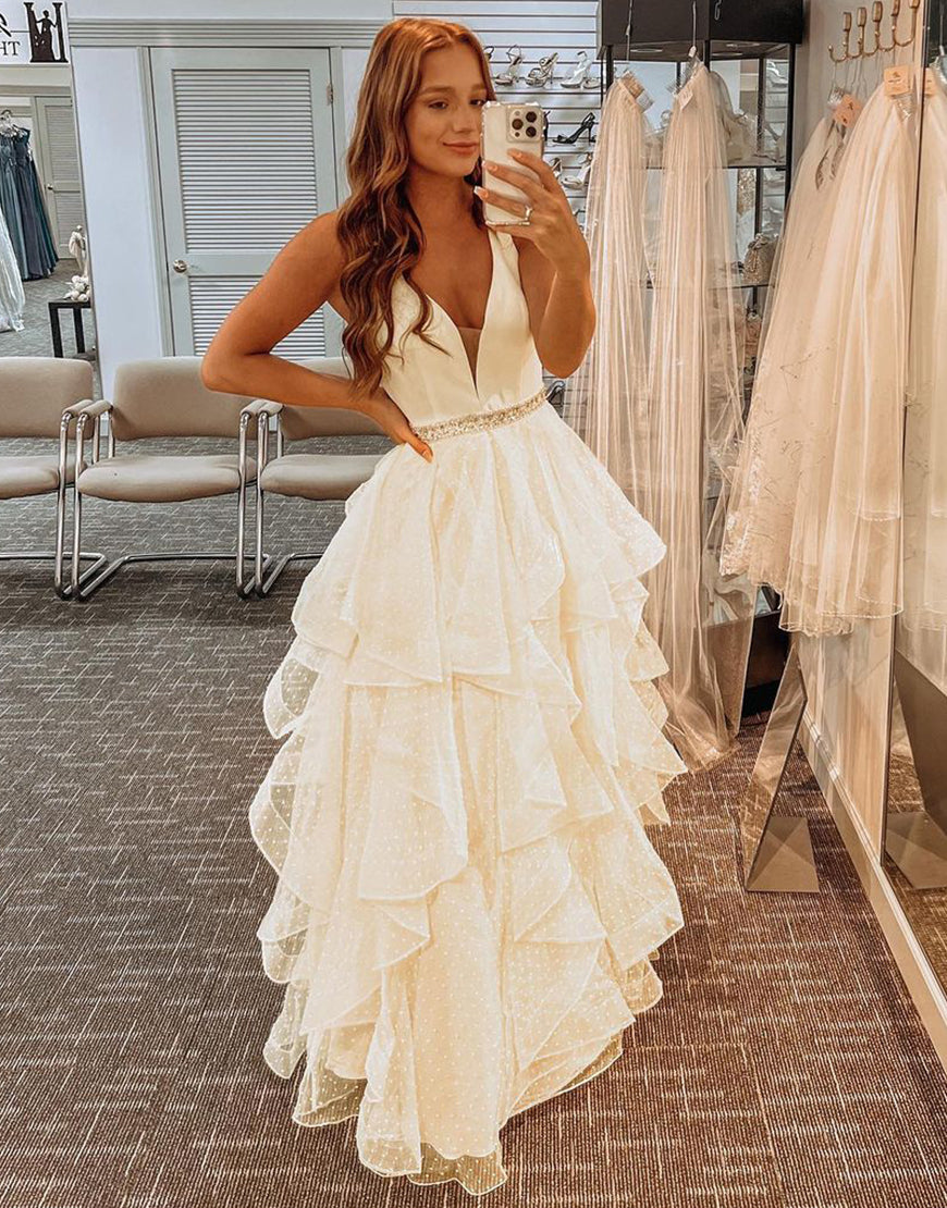 Luolandi A-Line Tiered Ruffles Light Yellow Tulle Long Prom Dress V-neck Sexy
