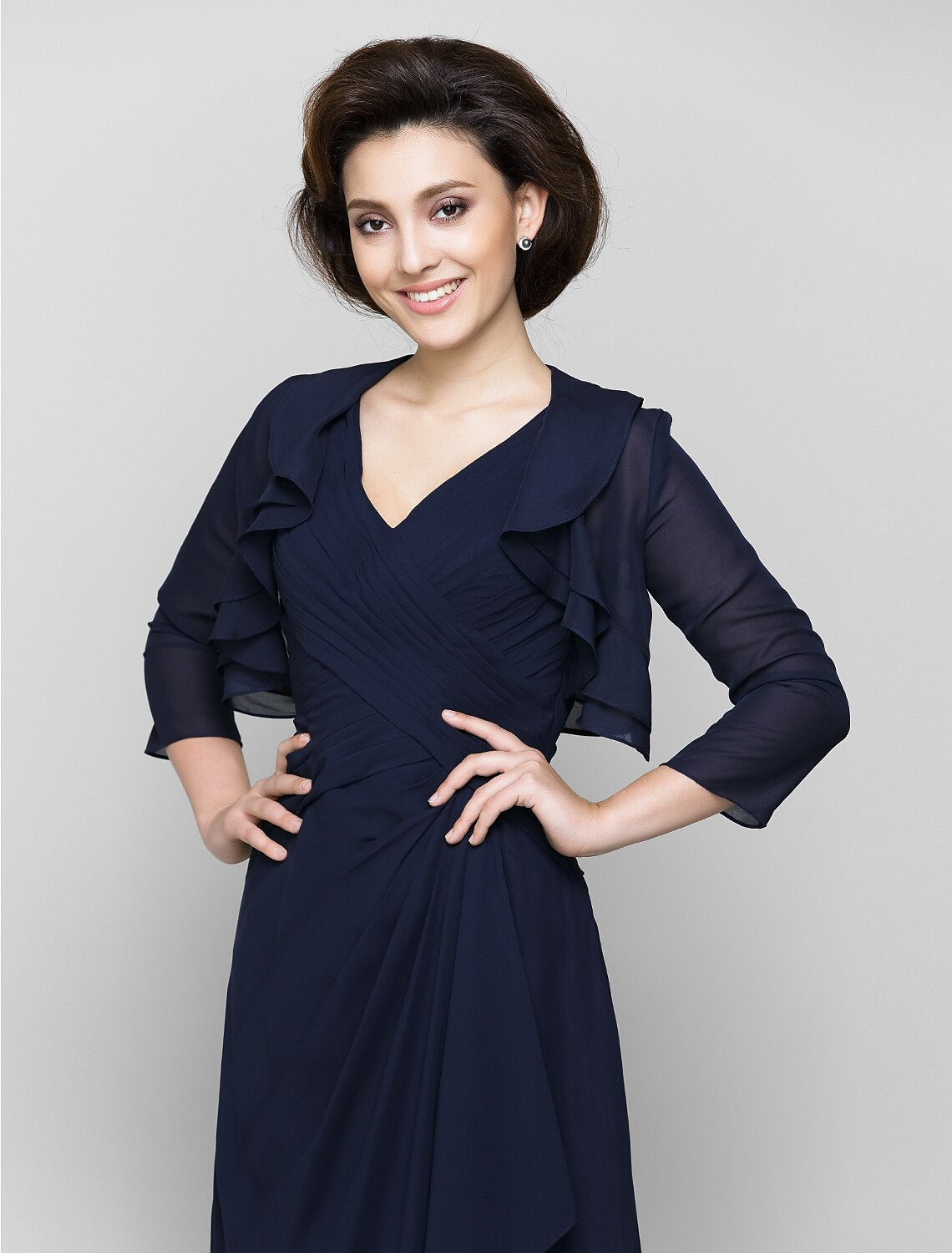 Luolandi Sheath / Column Mother of the Bride Dress Convertible Dress V Neck Floor Length Chiffon 3/4 Length Sleeve with Criss Cross Cascading