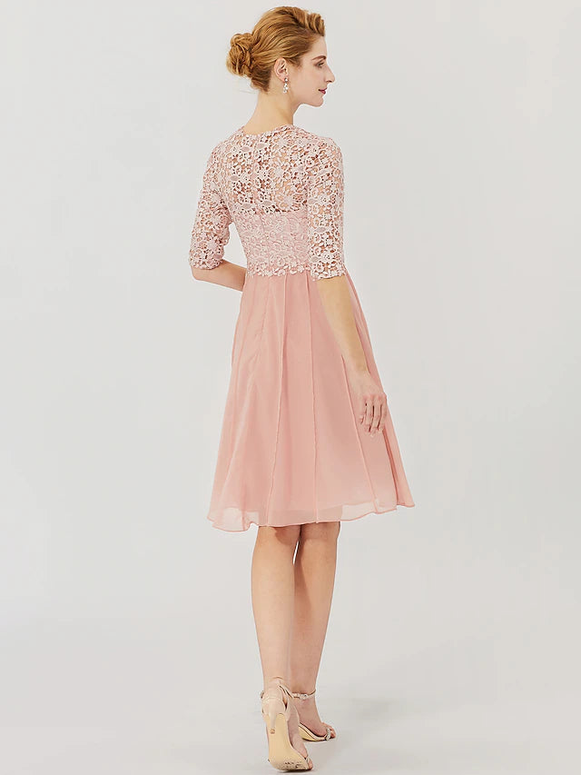 Luolandi Ball Gown Mother of the Bride Dress Formal Classic & Timeless Elegant & Luxurious Convertible Dress Illusion Neck Knee Length Chiffon Floral Lace 3/4 Length Sleeve