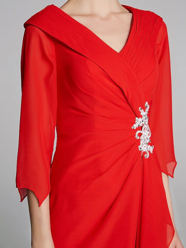 Luolandi A-Line Mother of the Bride Dress Elegant V Neck Floor Length Chiffon Half Sleeve with Pleats