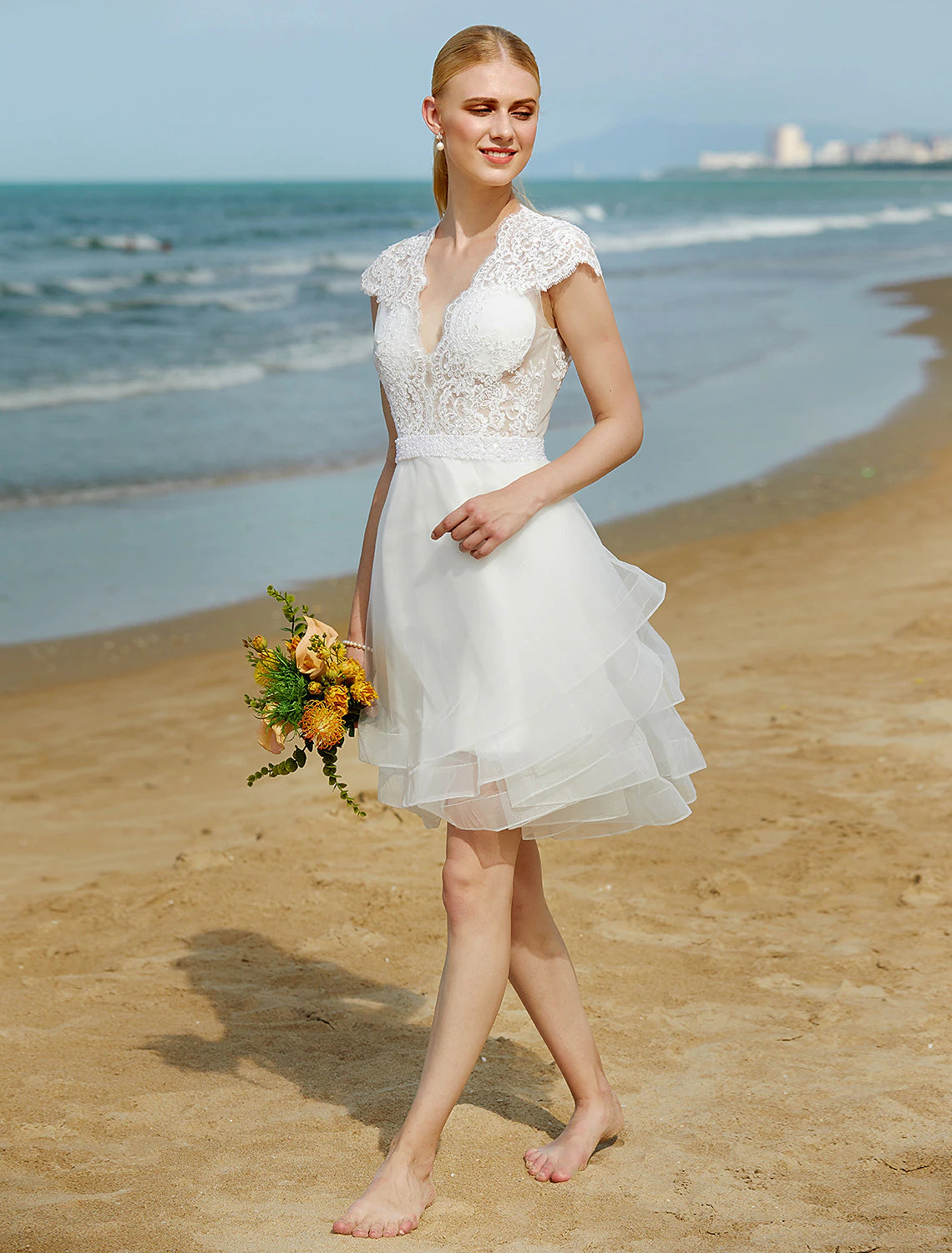Luolandi Wedding Dresses A-Line V Neck Sleeveless Knee Length Tulle Bridal Gowns With Ribbon Beading