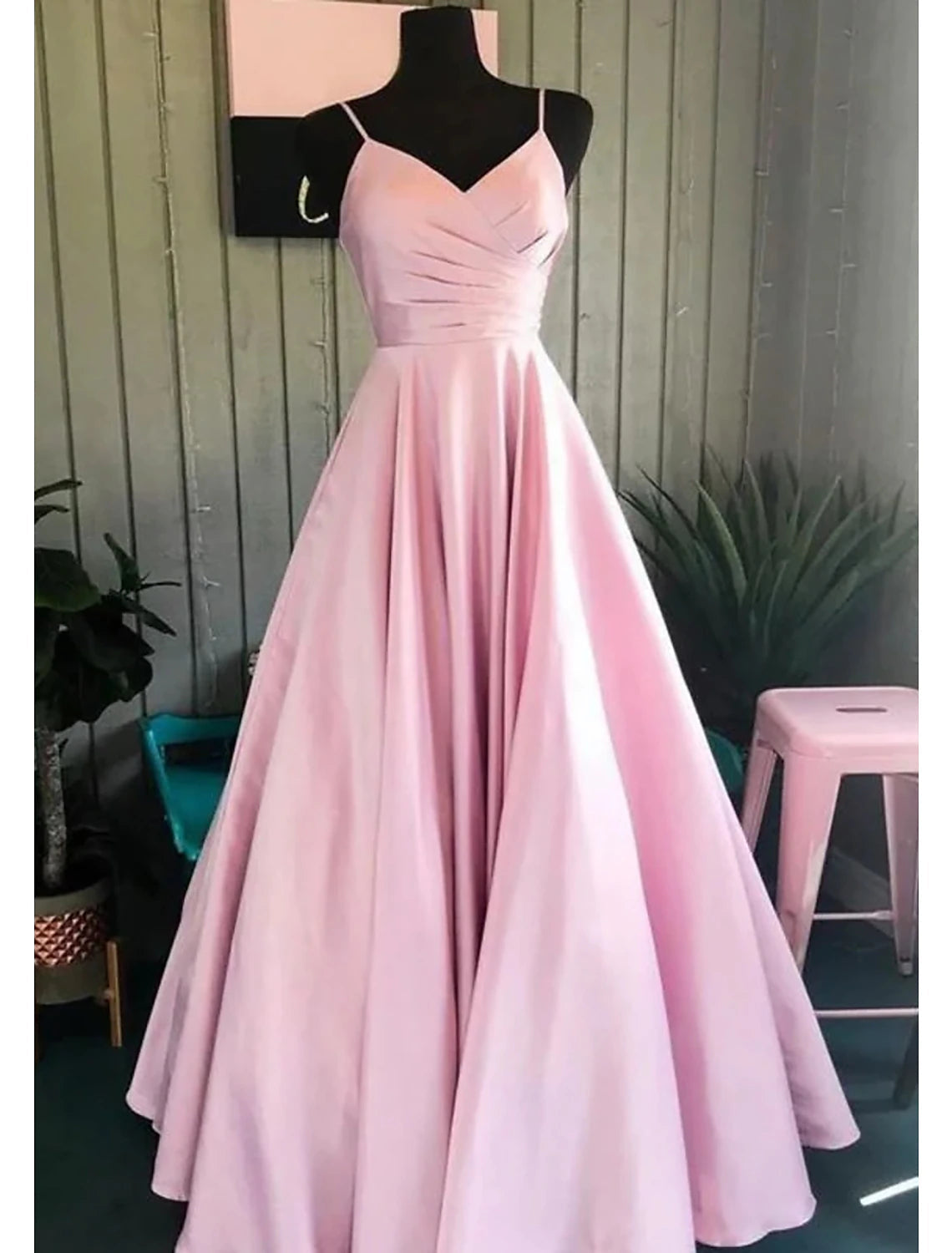 Luolandi A-Line Prom Dresses Minimalist Dress Formal Wedding Guest Floor Length Sleeveless V Neck Bridesmaid Dress Satin Backless