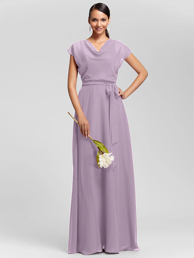 Luolandi Sheath / Column Bridesmaid Dress Cowl Neck Short Sleeve Elegant Floor Length Chiffon with Sash / Ribbon