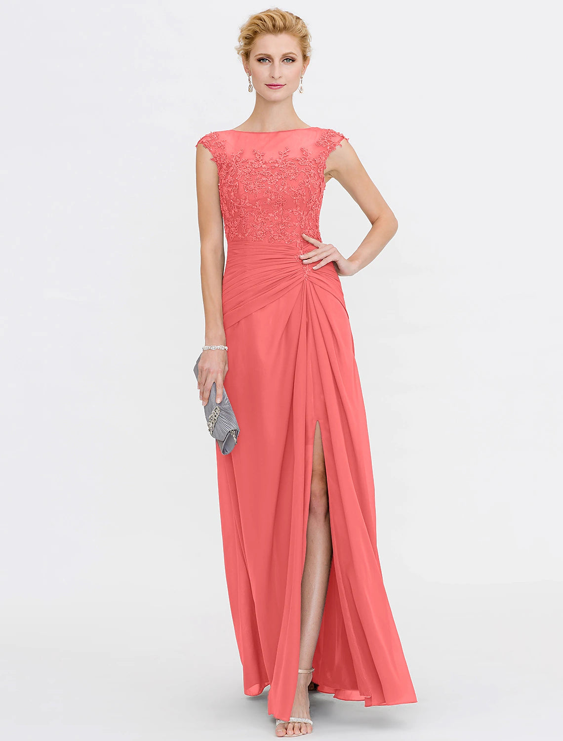 Luolandi A-Line Mother of the Bride Dress Elegant See Through Bateau Neck Floor Length Chiffon Lace Sleeveless