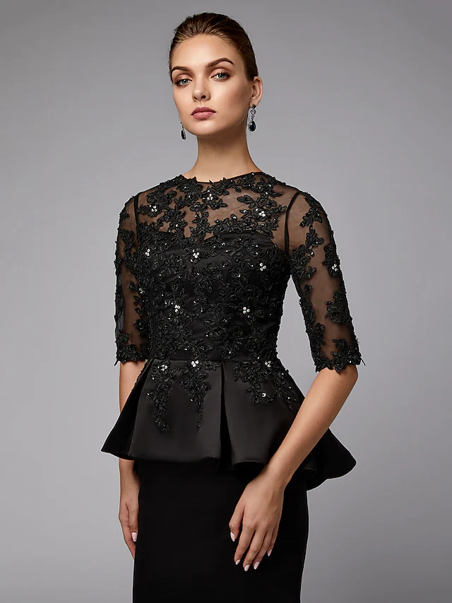 Luolandi Mother of the Bride Dress Sexy See Through Jewel Neck Lace Satin Half Sleeve with Beading Appliques Black