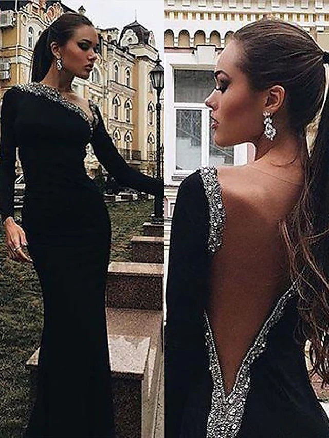 Luolandi Mermaid / Trumpet Evening Gown Open Back Dress Engagement Floor Length Long Sleeve V Neck Fabric with Crystals