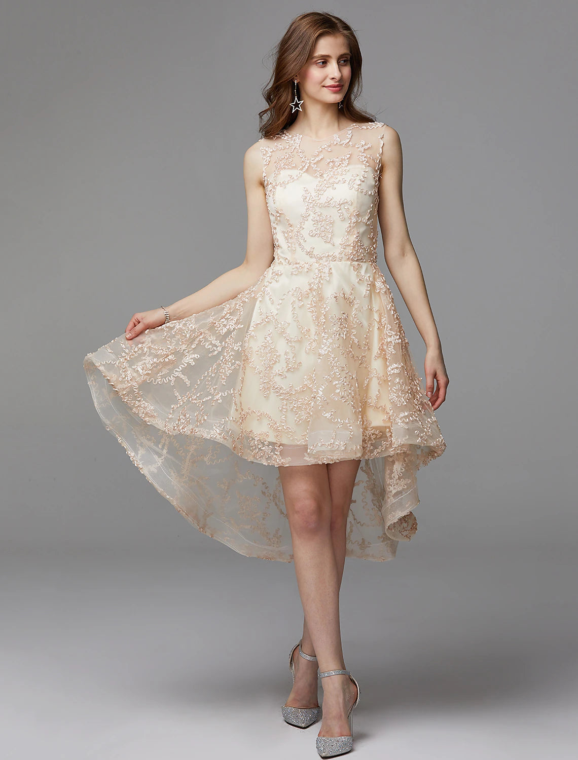 Luolandi A-Line Hot Dress Wedding Guest Cocktail Party Asymmetrical Sleeveless Illusion Neck Tulle