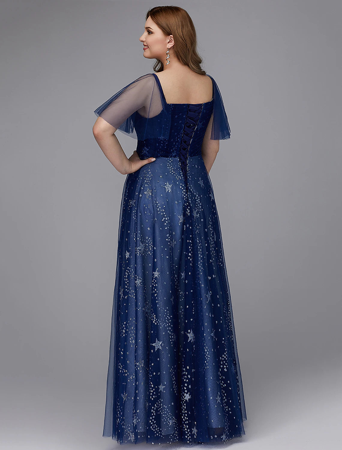 Luolandi A-Line Plus Size Dress Wedding Guest Prom Floor Length Short Sleeve Sweetheart Tulle Lace-up with Beading Pattern