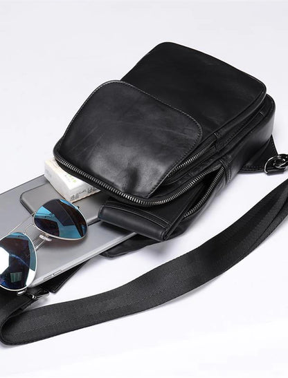 Men's Sling Shoulder Bag Crossbody Bag Nappa Leather Cowhide Daily Zipper Black