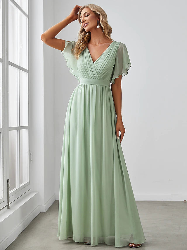 Luolandi A-Line Bridesmaid Dress V Neck Short Sleeve Elegant Chiffon with Ruffles