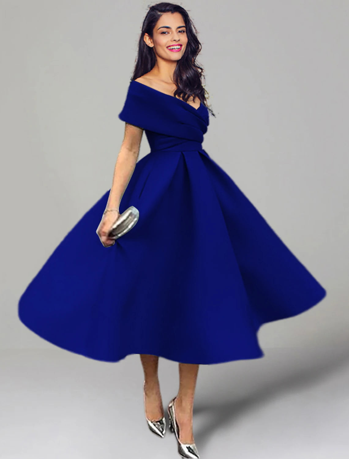 Luolandi A-Line Wedding Guest Dresses 1950s Dress Summer Tea Length Sleeveless Off Shoulder Satin