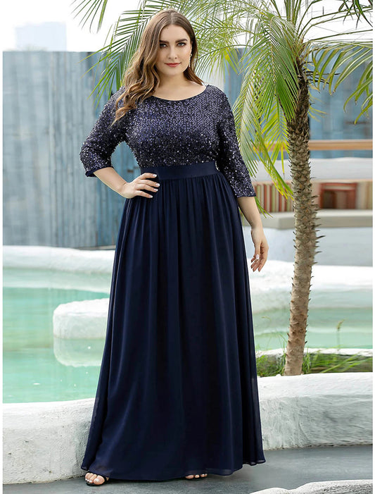 A-Line Mother of the Bride Dress Wedding Guest Plus Size Elegant Jewel Neck Floor Length Tulle Sequined 3/4 Length Sleeve