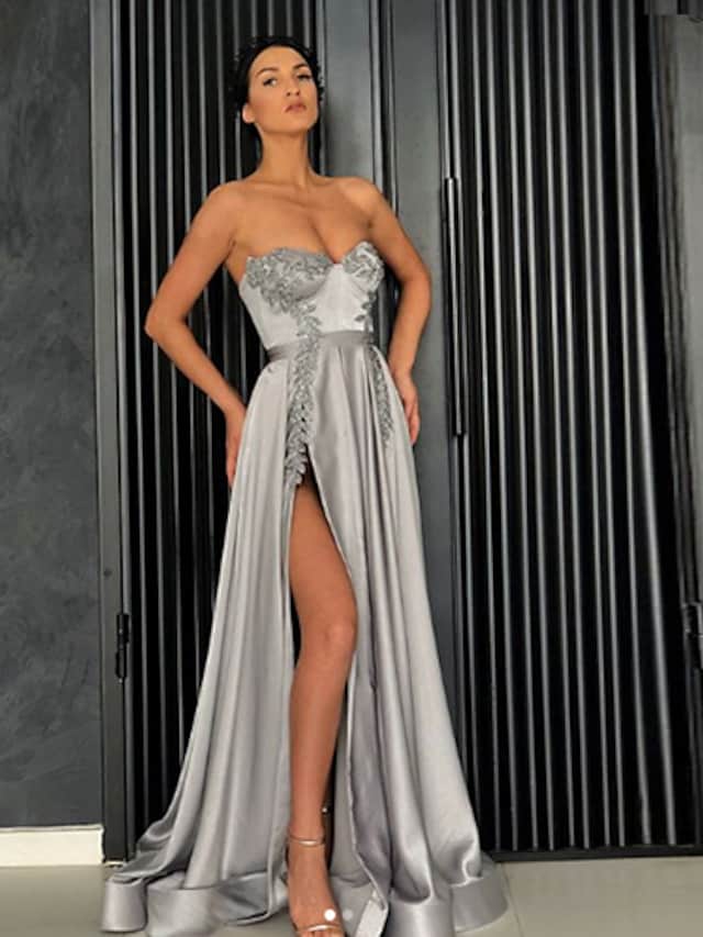 Luolandi A-Line Minimalist Elegant Party Wear Strapless Sleeveless Floor Length Satin Prom Dress with Pleats With Slit
