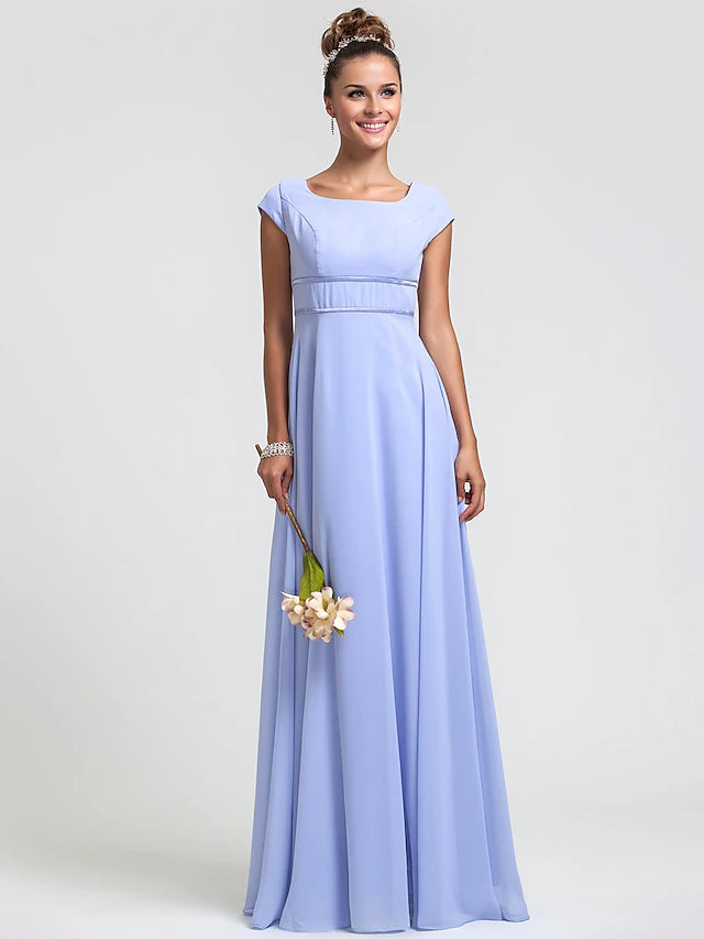 Luolandi Sheath / Column Bridesmaid Dress Square Neck Short Sleeve Elegant Floor Length Chiffon with Sash / Ribbon