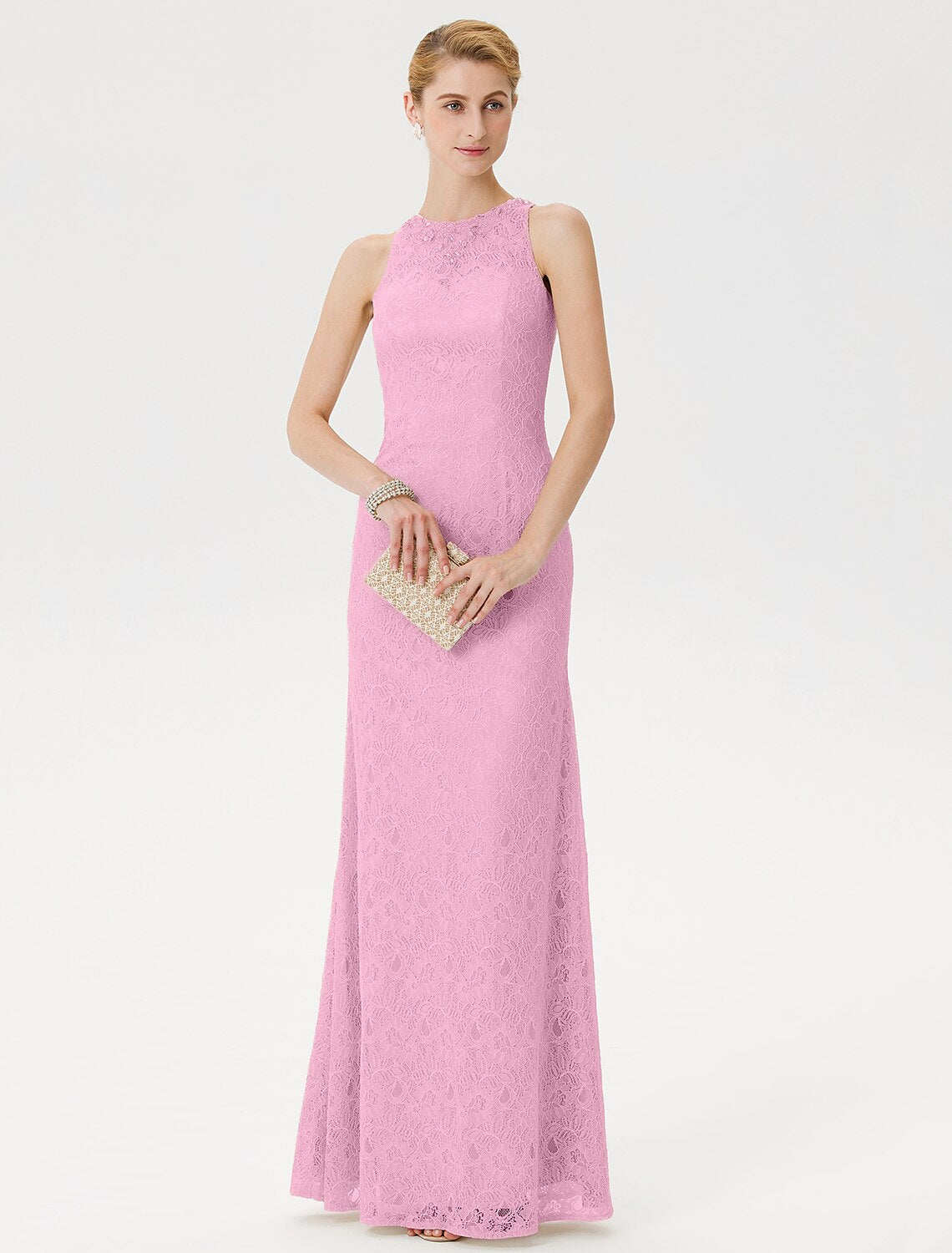 Luolandi Sheath / Column Mother of the Bride Dress Elegant See Through Illusion Neck Floor Length Lace Sleeveless with Crystals