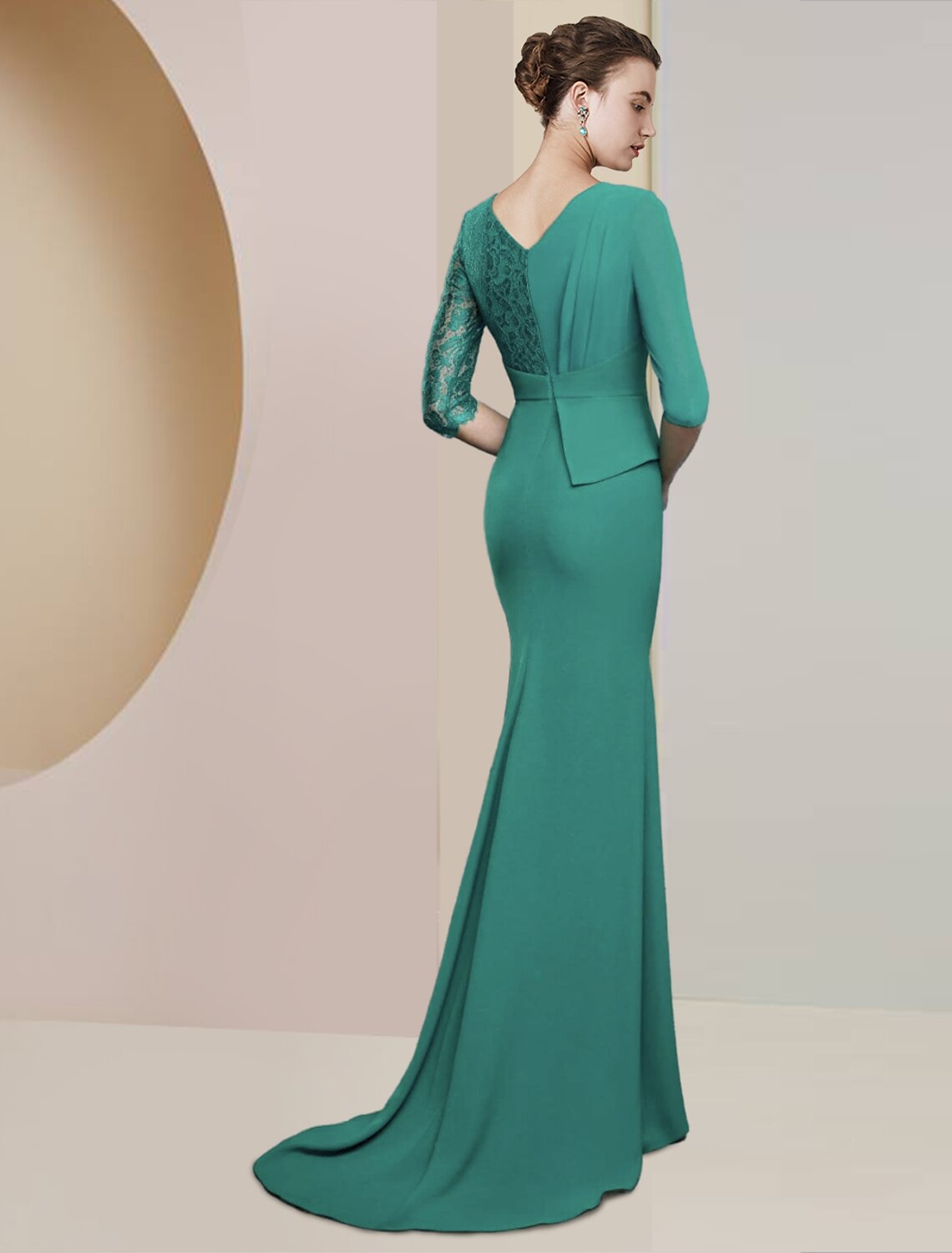 Luolandi Sheath / Column Mother of the Bride Dress Formal Wedding Guest Party Elegant V Neck Floor Length Chiffon Lace Half Sleeve