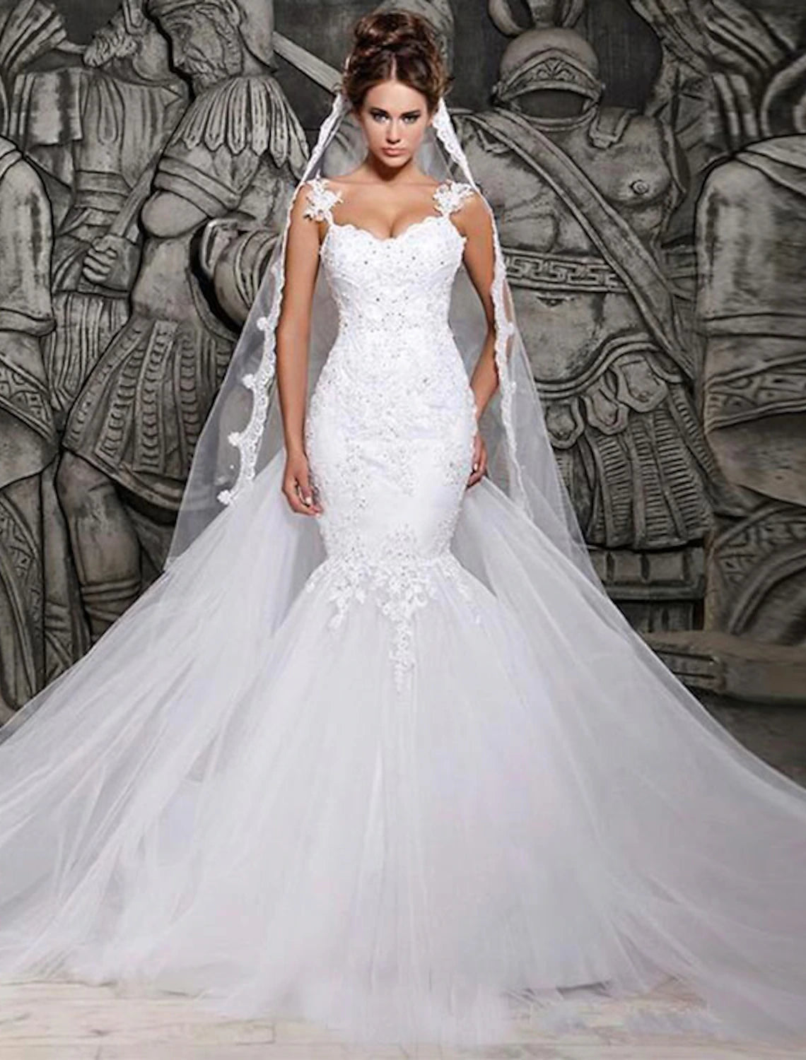 Luolandi Engagement Open Back Formal Wedding Dresses Mermaid / Trumpet Sweetheart Cap Sleeve Court Train Lace Bridal Gowns